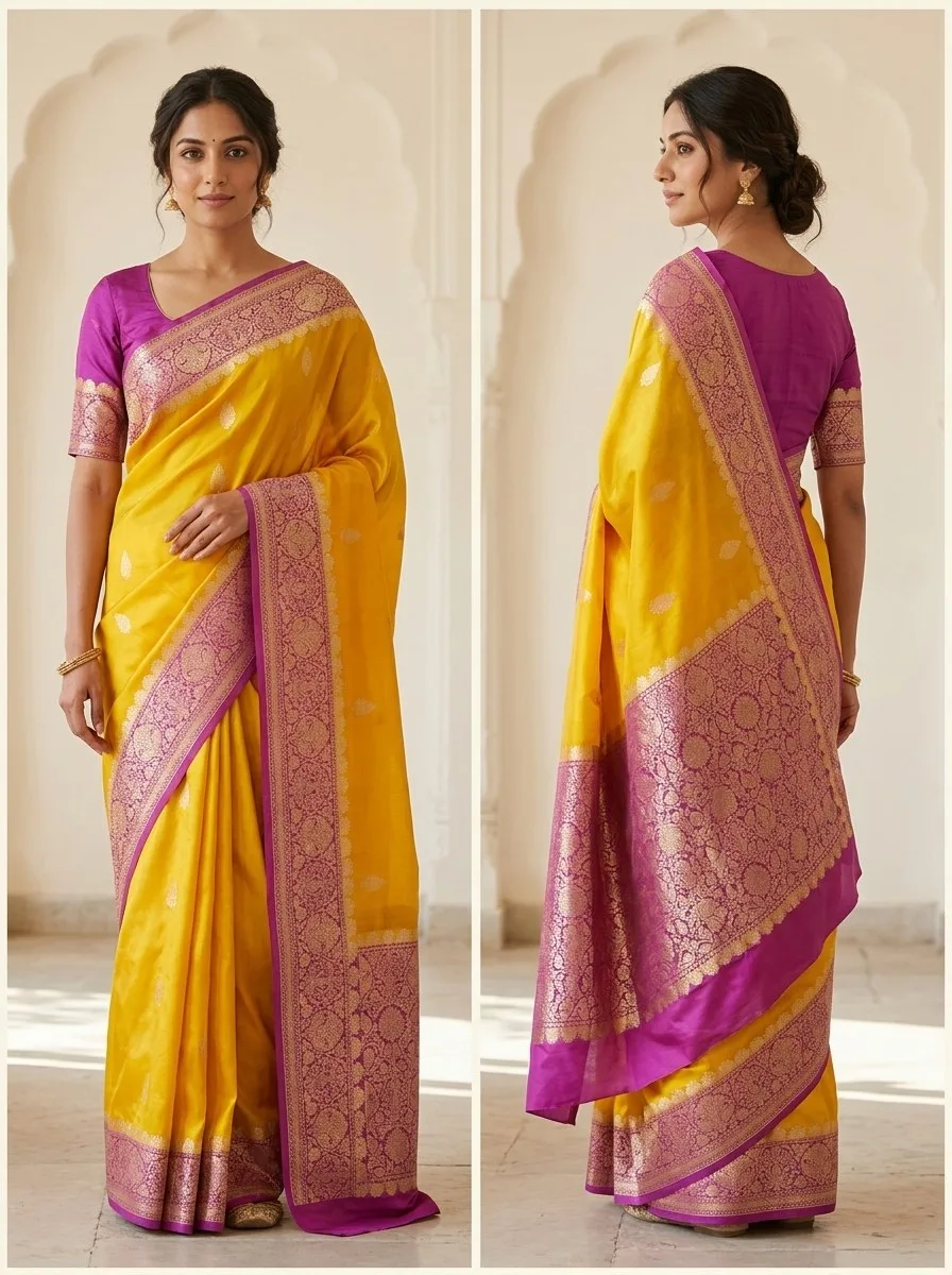 Yellow Banarasi Kora Organza Saree with Purple Border & Blouse Piece — Yellow