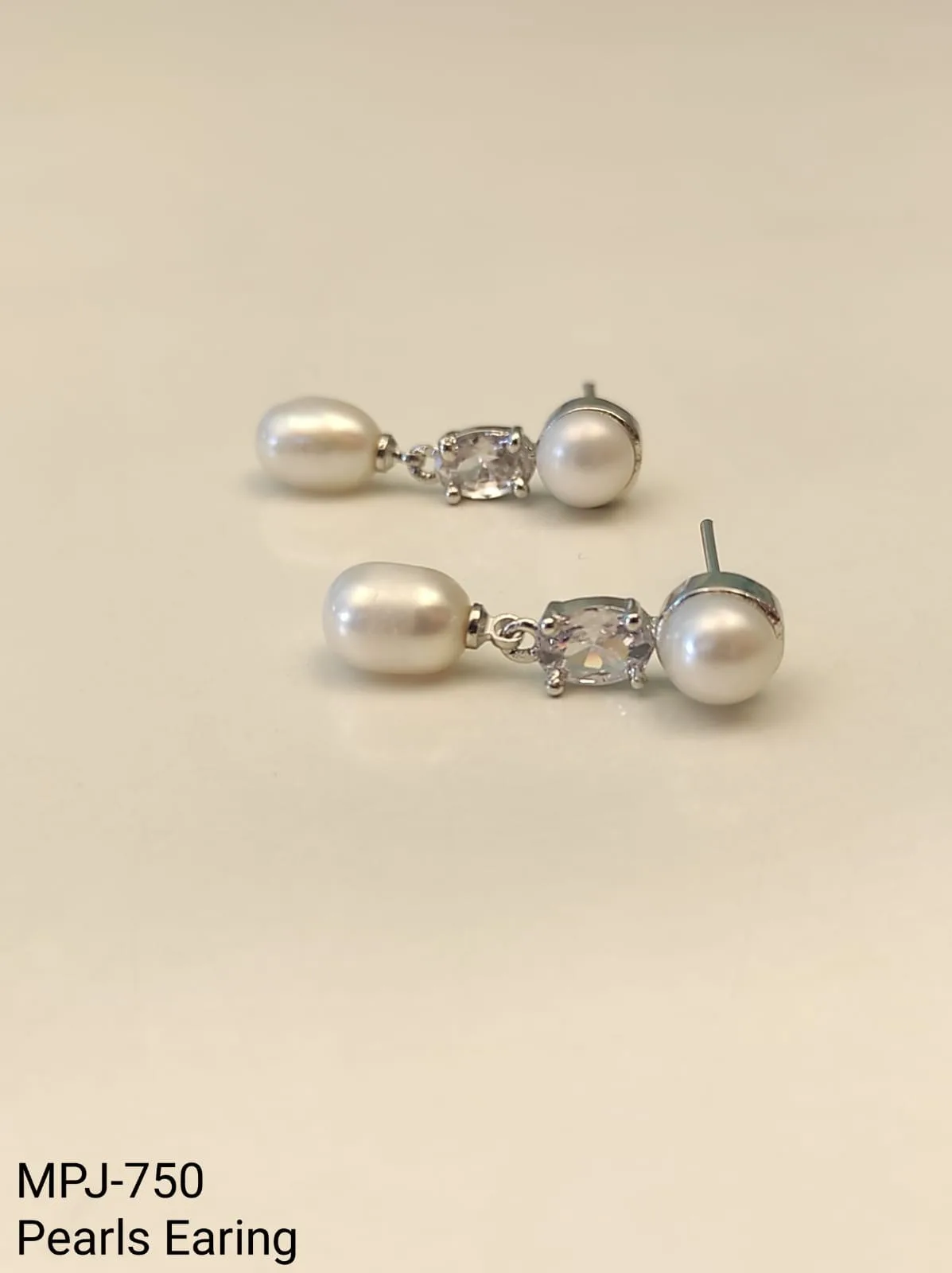 White Pearl Silver Oval Drop Earrings — White & Silver