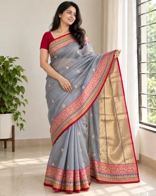 Light Grey — Handloom Tissue Silk Saree with Katan Border