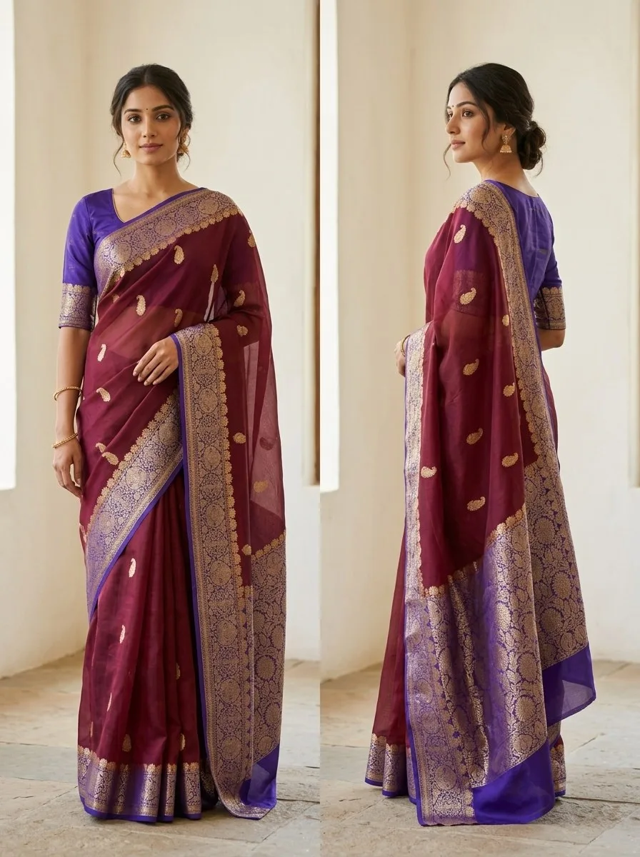 Burgundy Banarasi Kora Organza Saree with Blouse Piece — Burgundy
