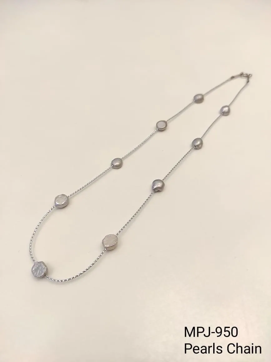 Grey Pearl Station Chain Necklace — Grey & Silver