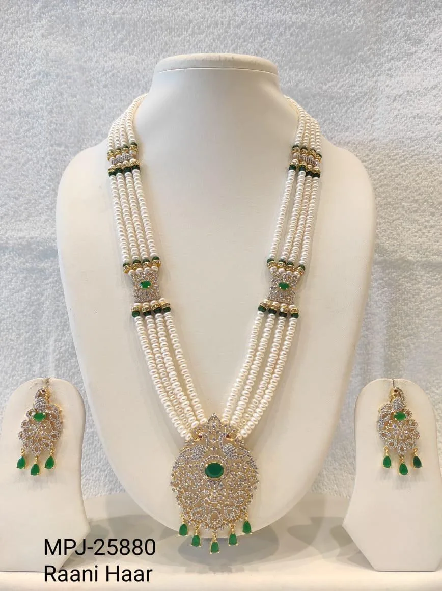 White & Green — Freshwater Pearl multi-strand necklace with pendant and earrings — White & Green