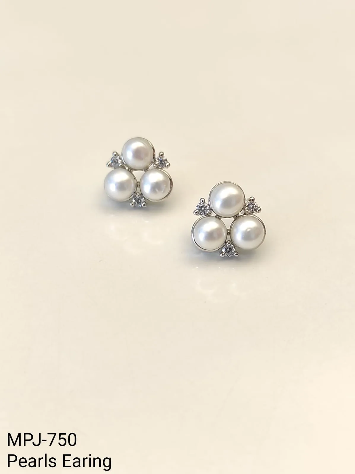 White Pearl Triple Cluster Stud Earrings — White & Silver
