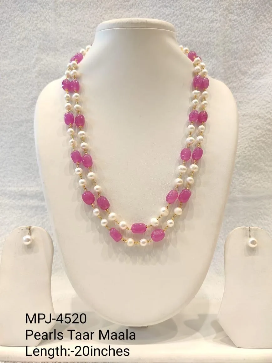 Magenta Accent Double-Strand Pearl Necklace Set — 20 in — White & Magenta & Gold