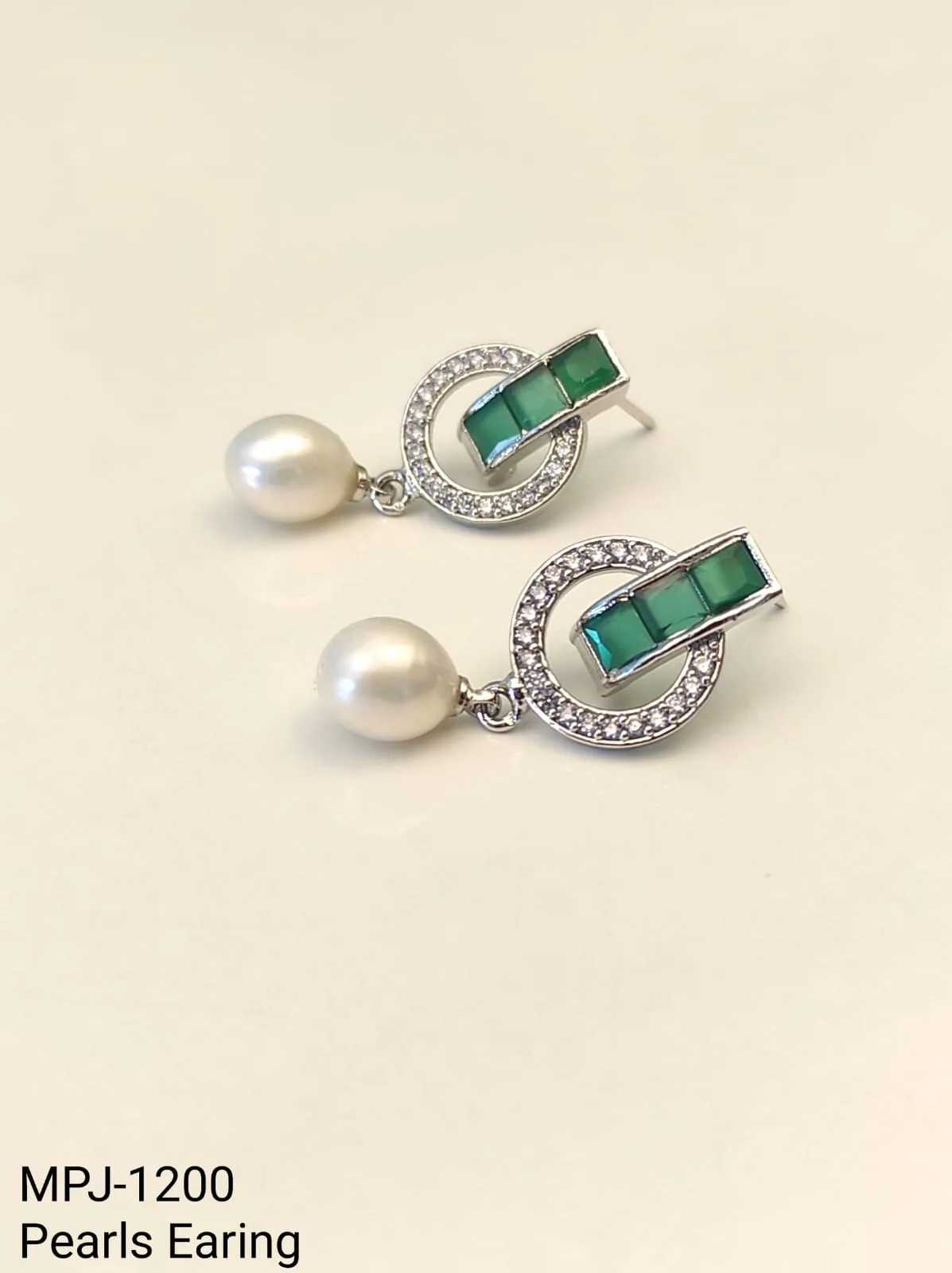 Green Bar Accent Pearl Drop Earrings — White & Green & Silver