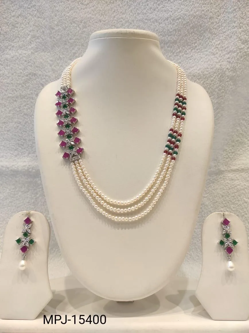 White & Pink — Freshwater Pearl triple-strand necklace with earrings — White & Pink