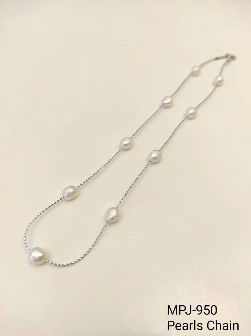 White Pearl Station Chain Necklace — White & Silver