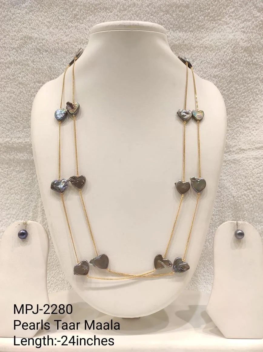 Grey Heart Pearl Double Station Necklace Set — 24 in — Grey & Gold