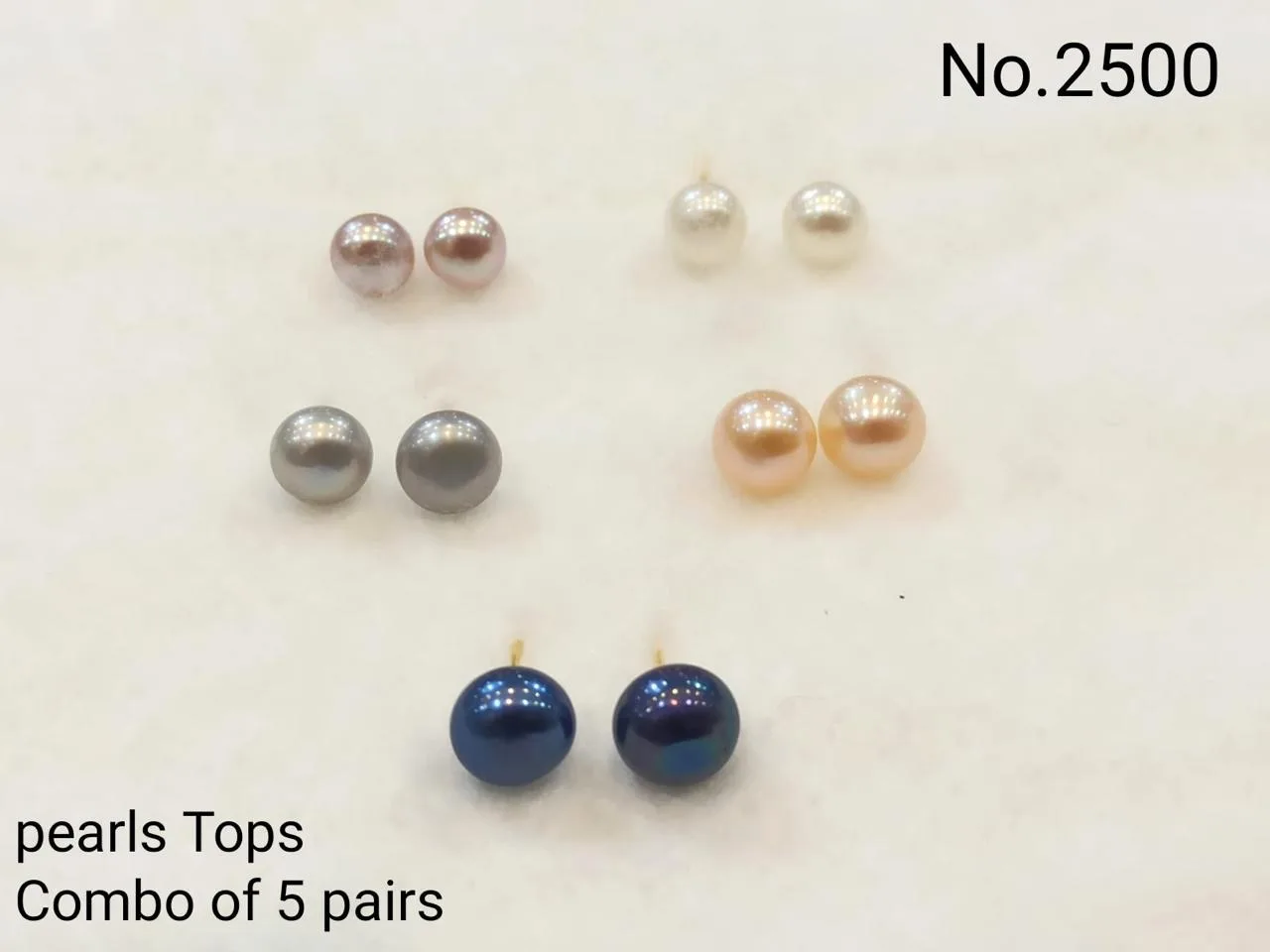 Five-Colour Pearl Stud Earrings — Five-Pair Combo — Pink & White & Grey & Peach & Navy Blue