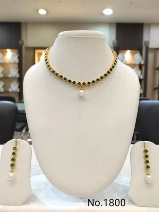Green & Gold & White — Green stone and Freshwater Pearl pendant necklace with matching earrings
