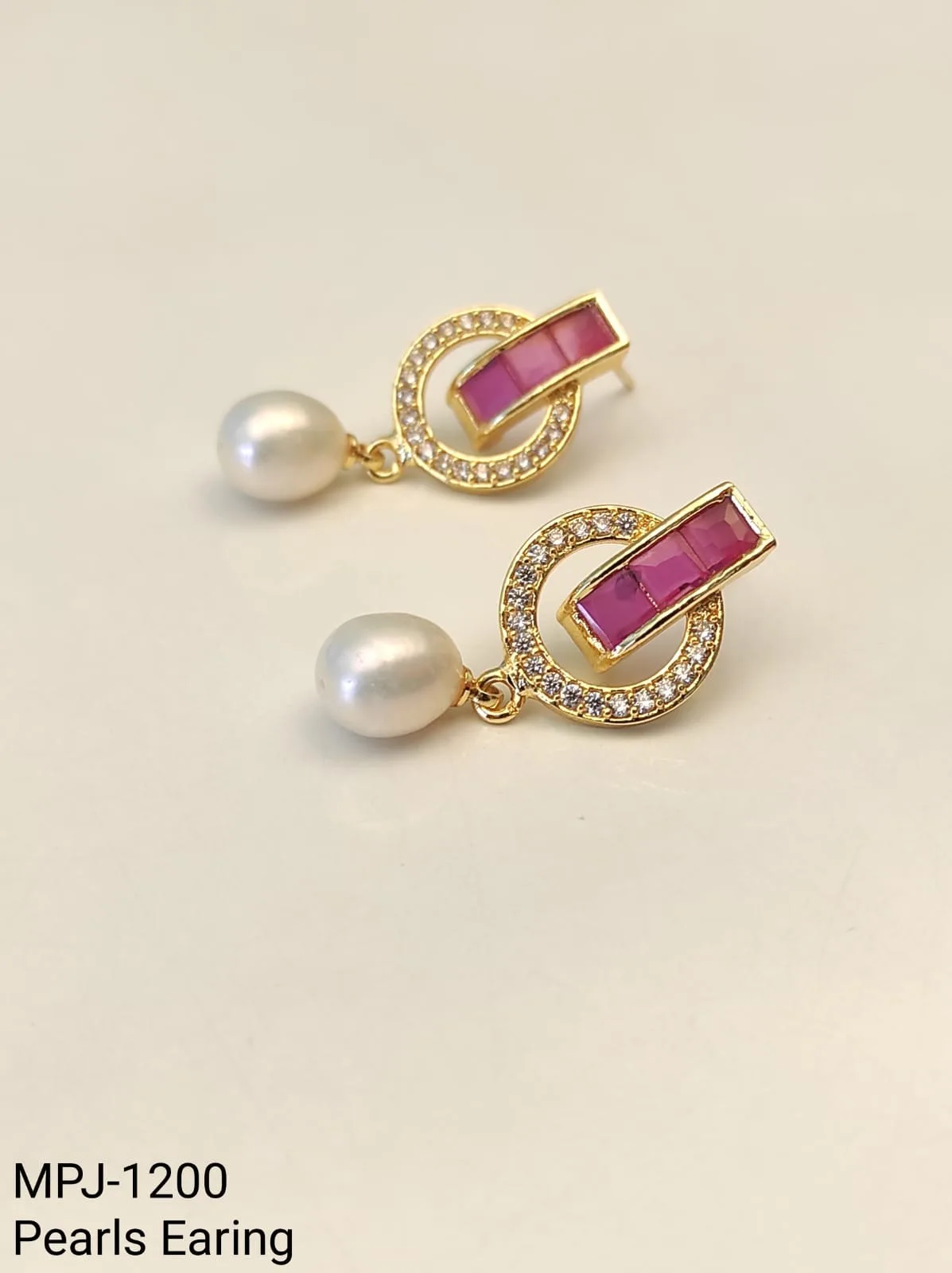 Pink Bar Accent Pearl Drop Earrings — White & Pink & Gold
