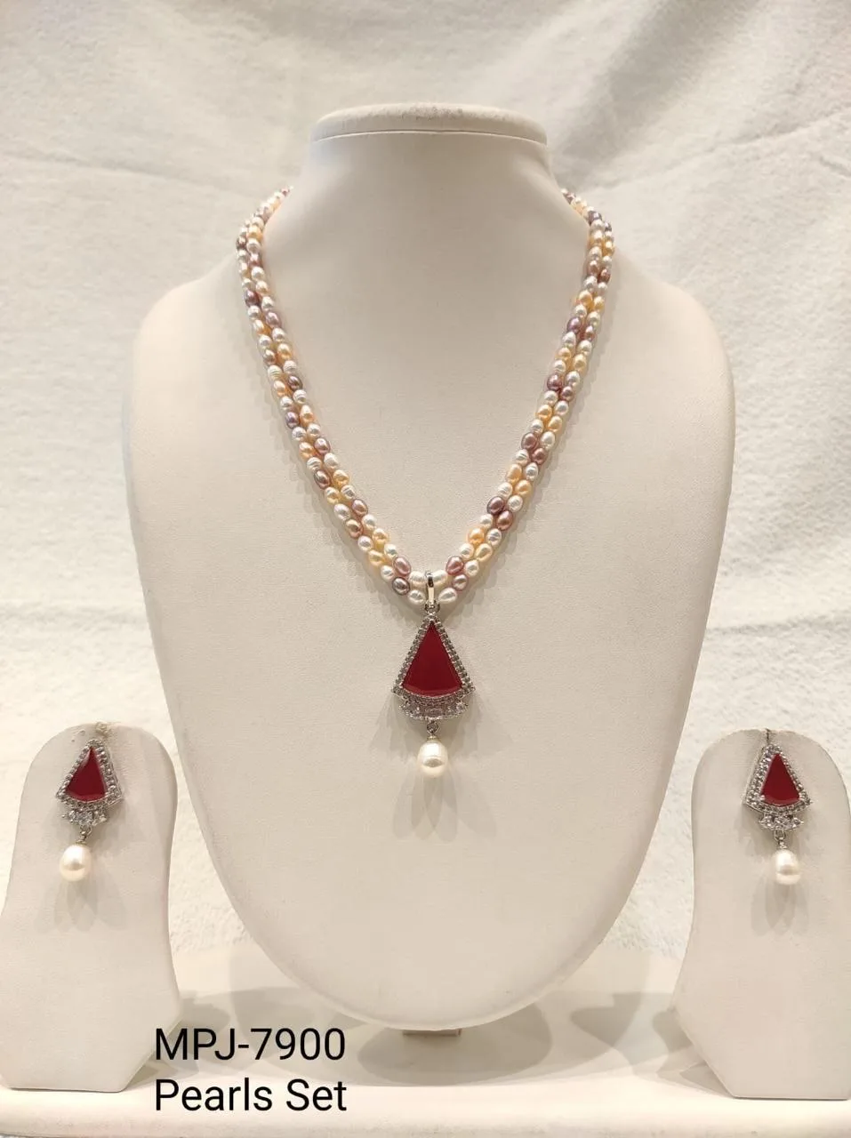 Multicolour & Red — Freshwater Pearl necklace and earring set — Multicolour & Red