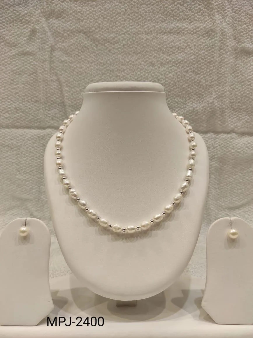 White Pearl Necklace Set with Silver Spacers — White & Cream