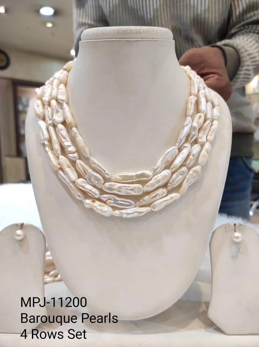 White Four-Row Elongated Baroque Pearl Necklace Set — White