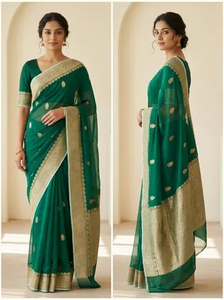 Green Banarasi Kora Organza Saree with Blouse Piece