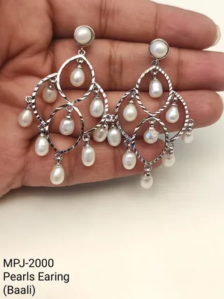 White Pearl Silver Loop Chandelier Earrings