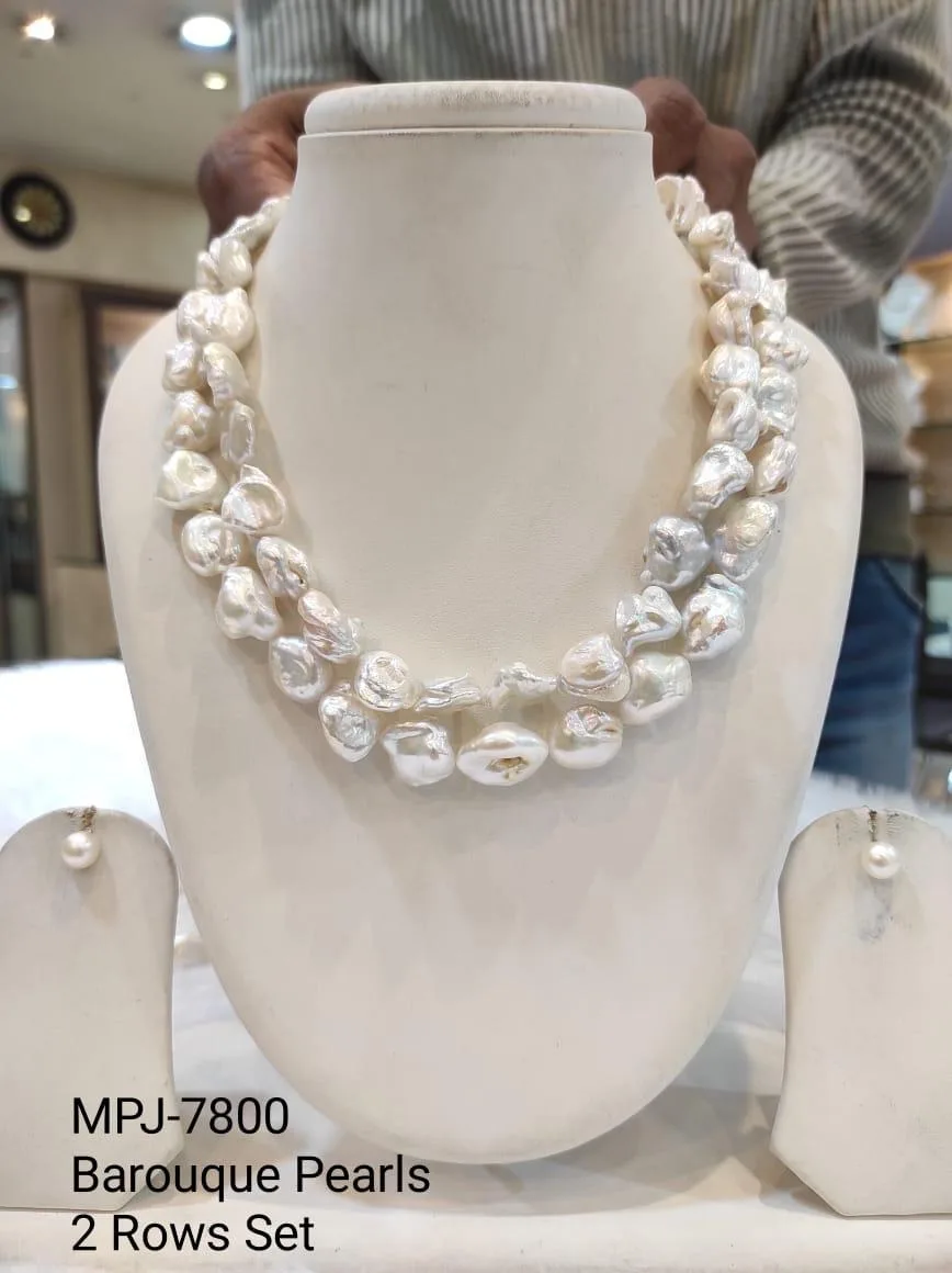 White Two-Row Oval Baroque Pearl Necklace Set — White