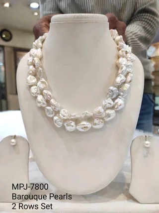 White Two-Row Oval Baroque Pearl Necklace Set