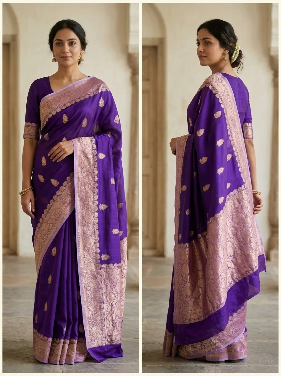 Purple Banarasi Kora Organza Saree with Blouse Piece — Purple