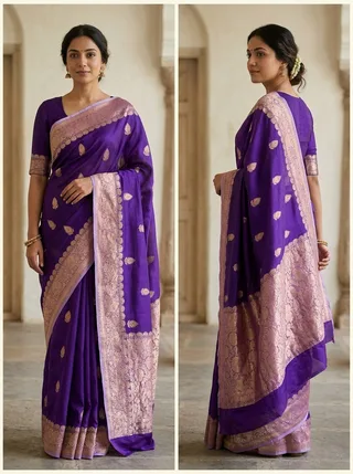 Purple Banarasi Kora Organza Saree with Blouse Piece