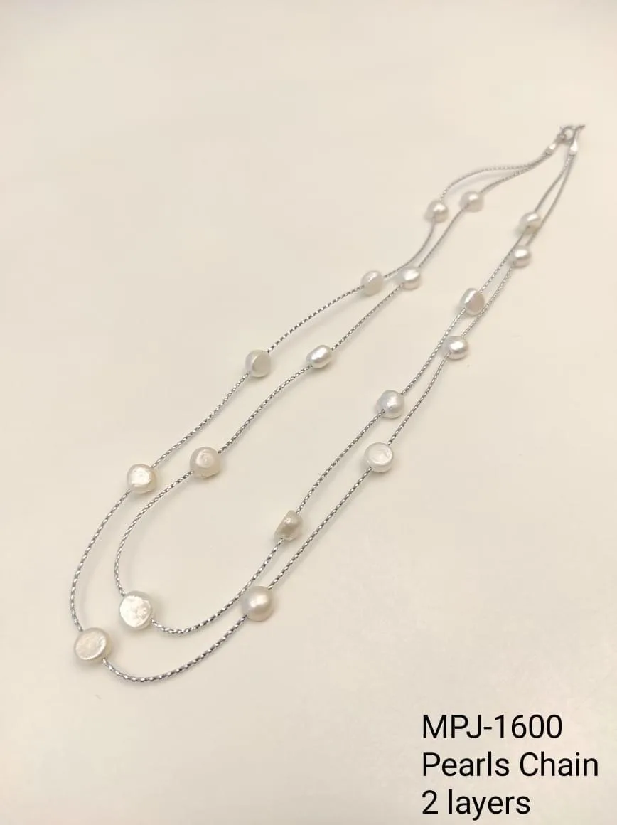 White Pearl Two-Layer Chain Necklace — White & Silver