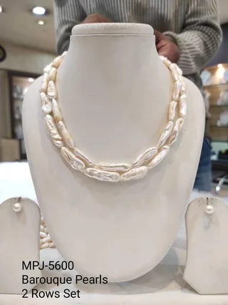 White Two-Row Elongated Baroque Pearl Necklace Set