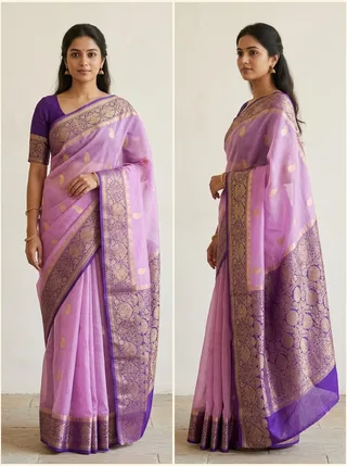 Benarasi Kora Organza  Contrast Pallu & Blouse Piece Dusty Pink