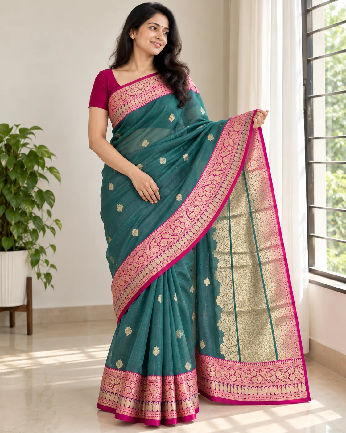 Handloom Tissue Silk Saree with Katan Border — Green