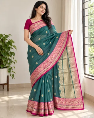 Green — Handloom Tissue Silk Saree with Katan Border