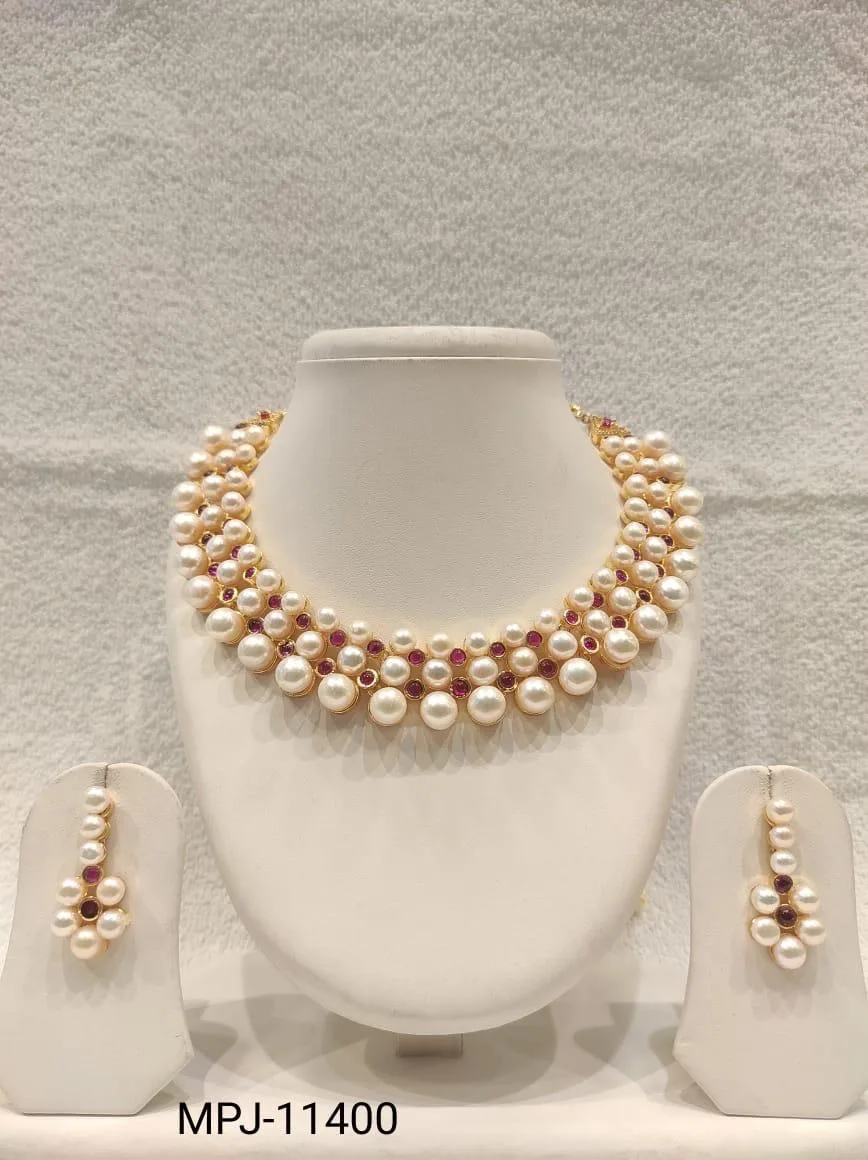 White & Red — Pearl and stone embellished necklace set — White & Red