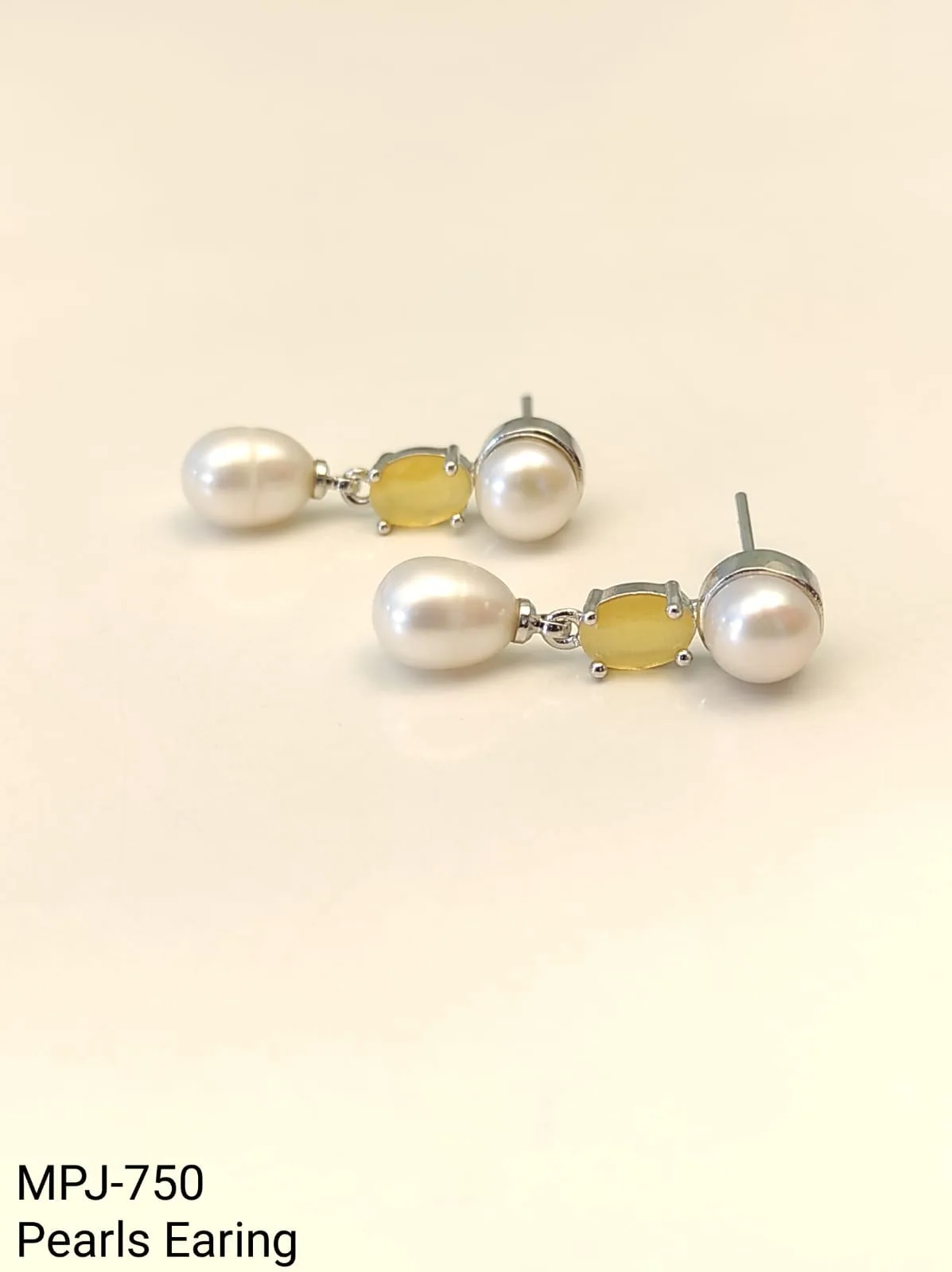 Yellow Oval Accent Pearl Drop Earrings — White & Yellow & Silver