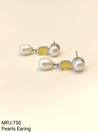 Yellow Oval Accent Pearl Drop Earrings