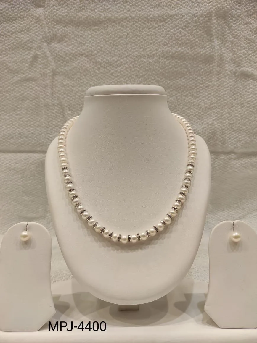 White Beaded Pearl Necklace Set with Silver Spacers — White & Cream