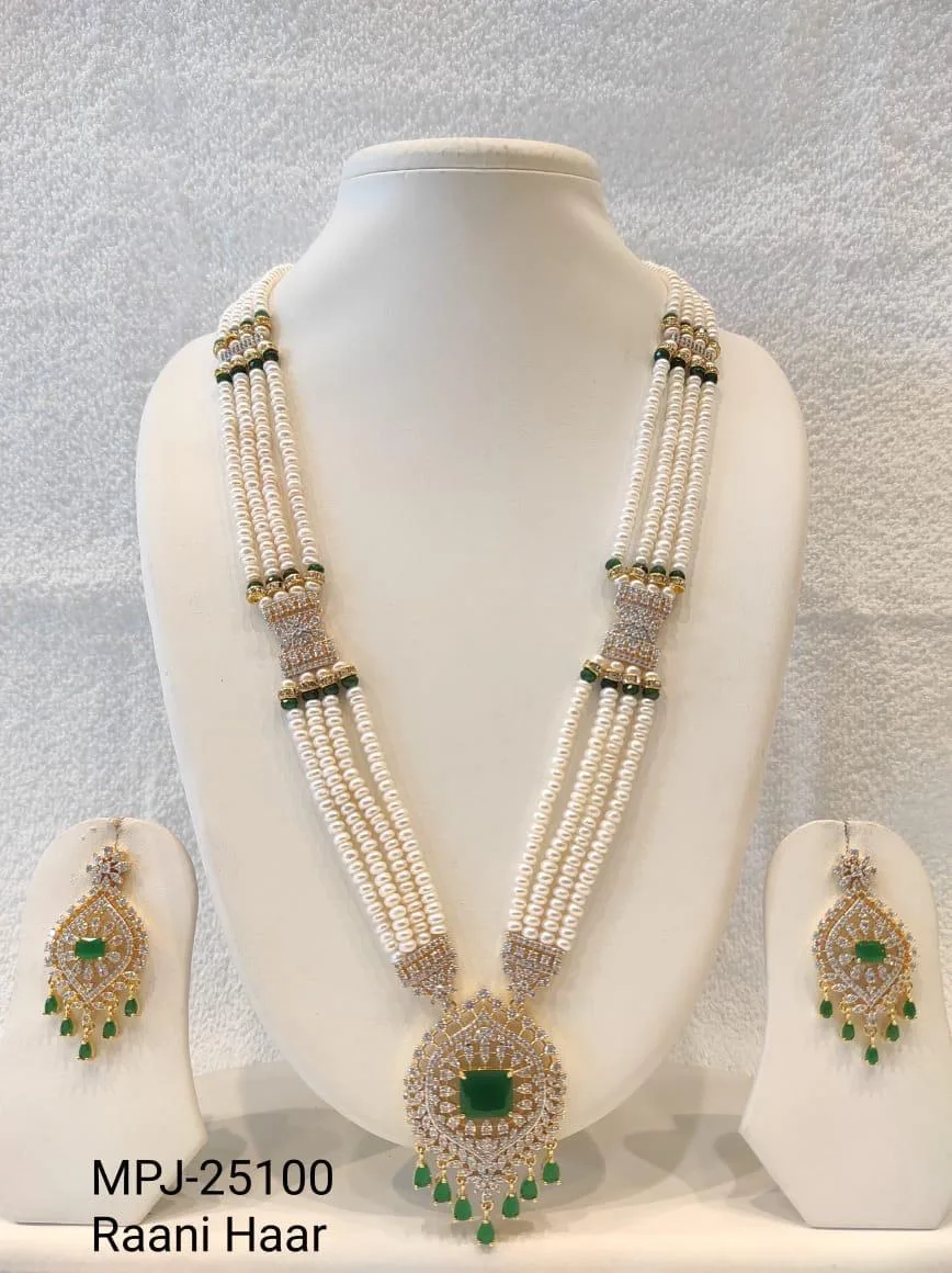 White & Green — Freshwater Pearl necklace set with green and white stones — White & Green