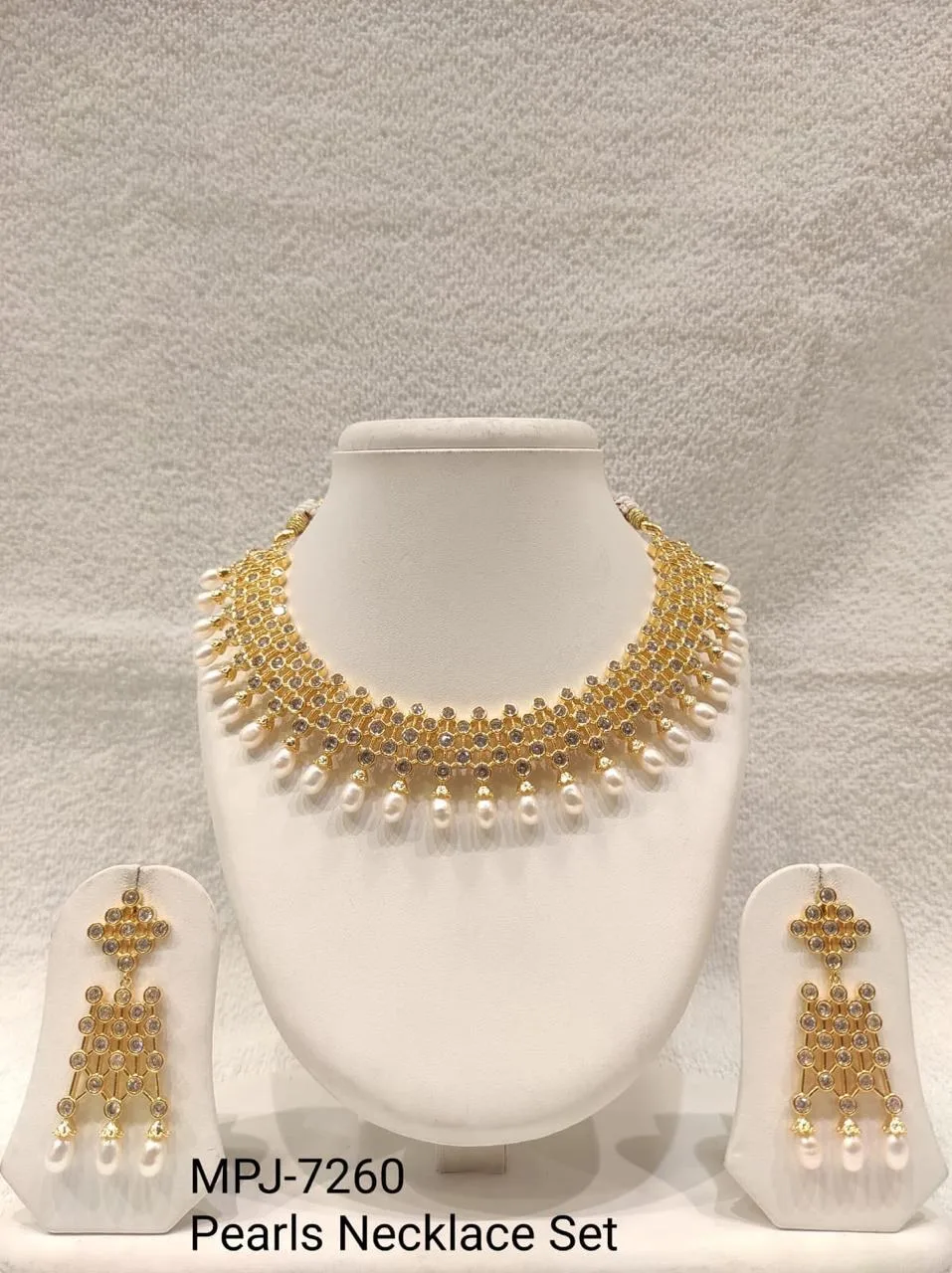 Gold Lattice Pearl Fringe Necklace Set — White & Gold