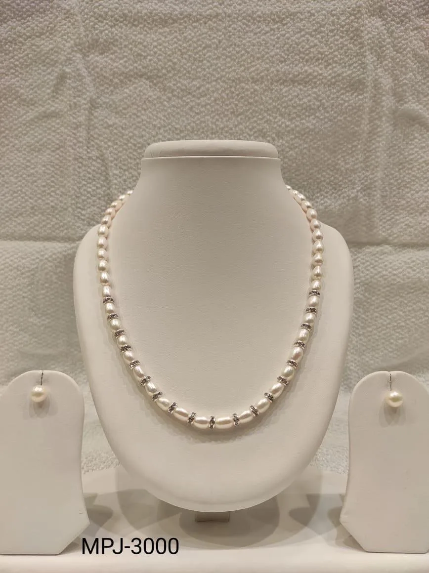 White Oval Pearl Necklace Set with Silver Spacers — White & Cream