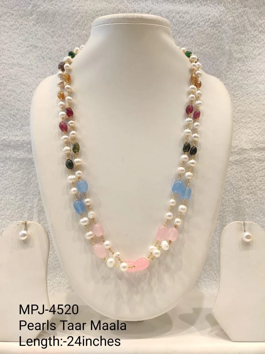 Multicolour Double-Strand Pearl Necklace Set — 24 in — White & Multicolour & Gold