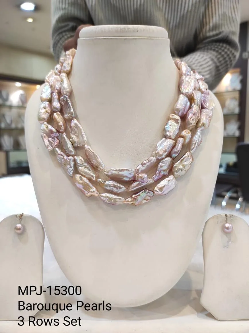 Pink Three-Row Elongated Baroque Pearl Necklace Set — Pink & Cream