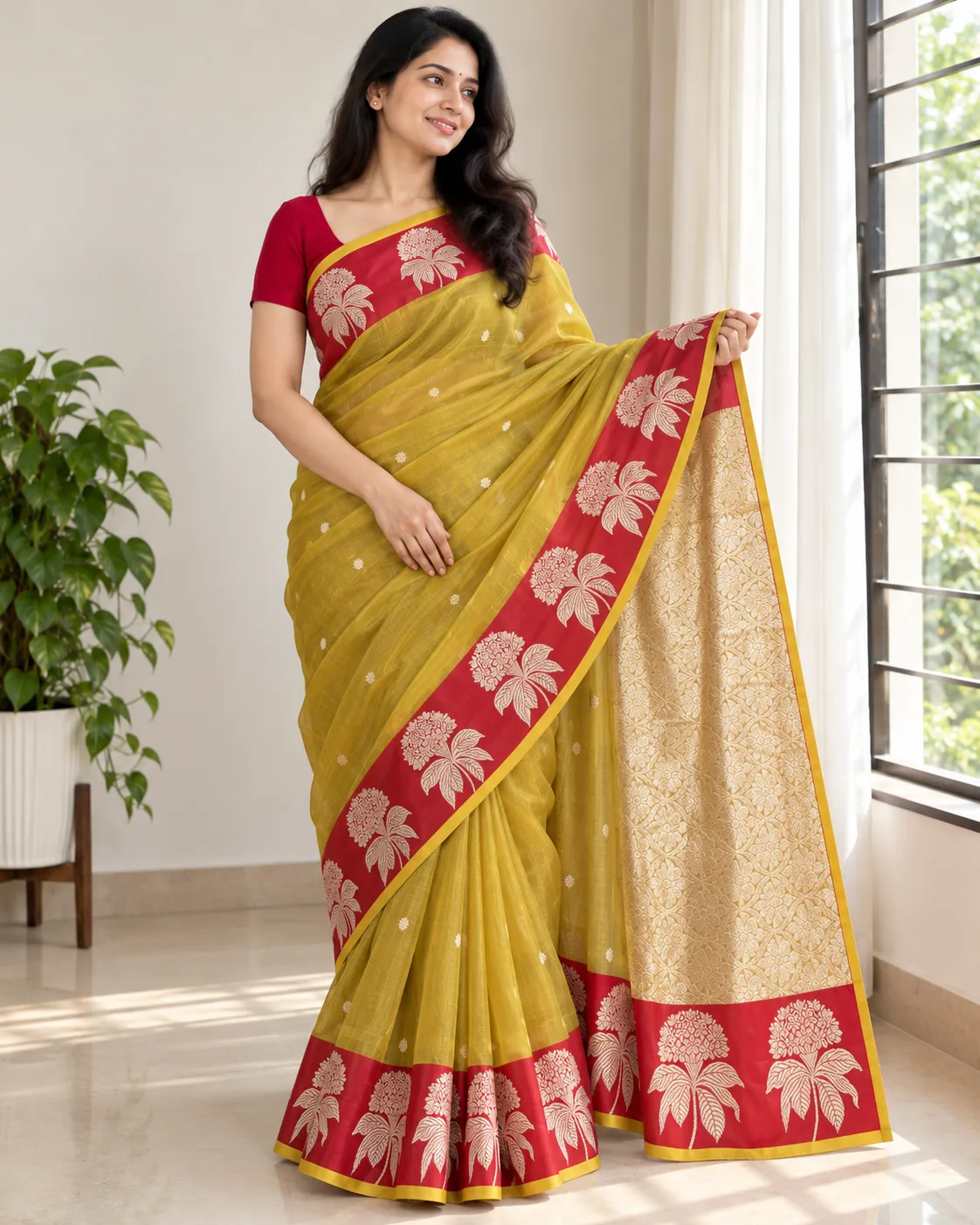Handloom Tissue Silk Saree with Katan Border — Warm Brown