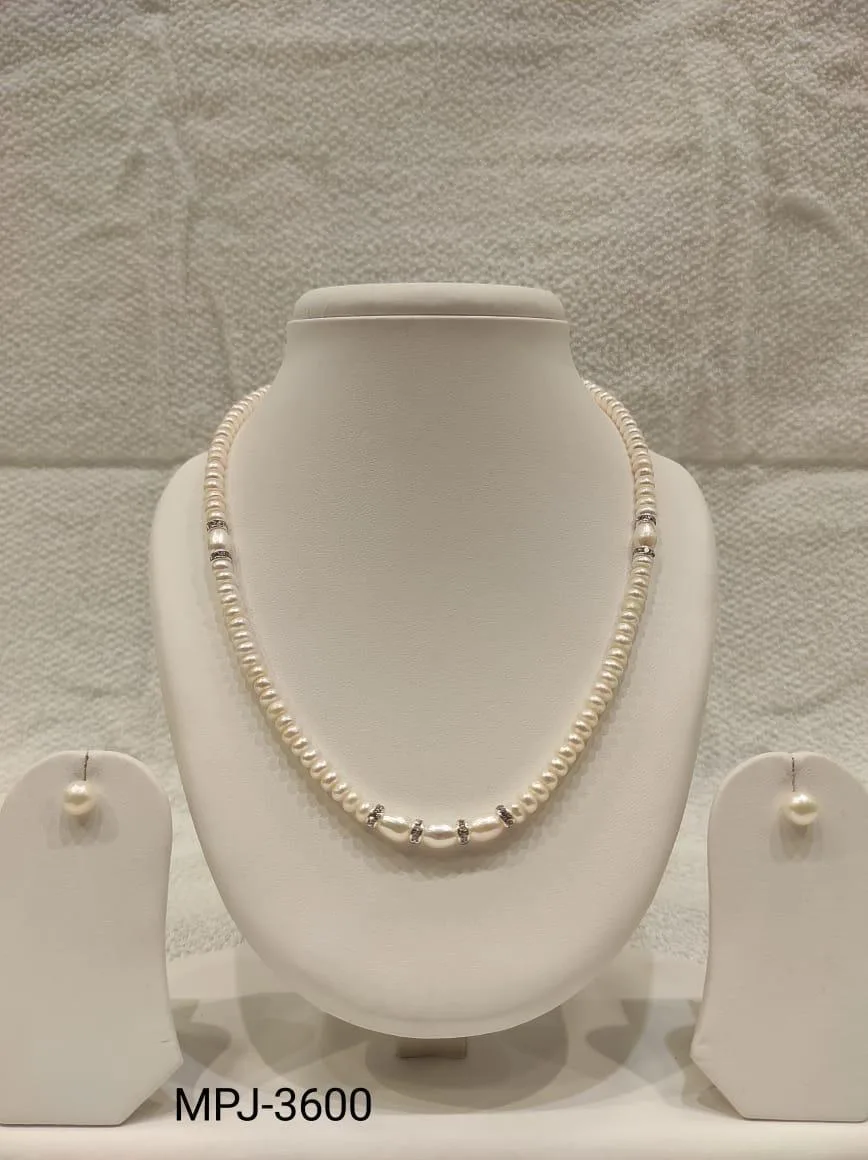 White Pearl Necklace Set with Three Oval Accents — White & Cream