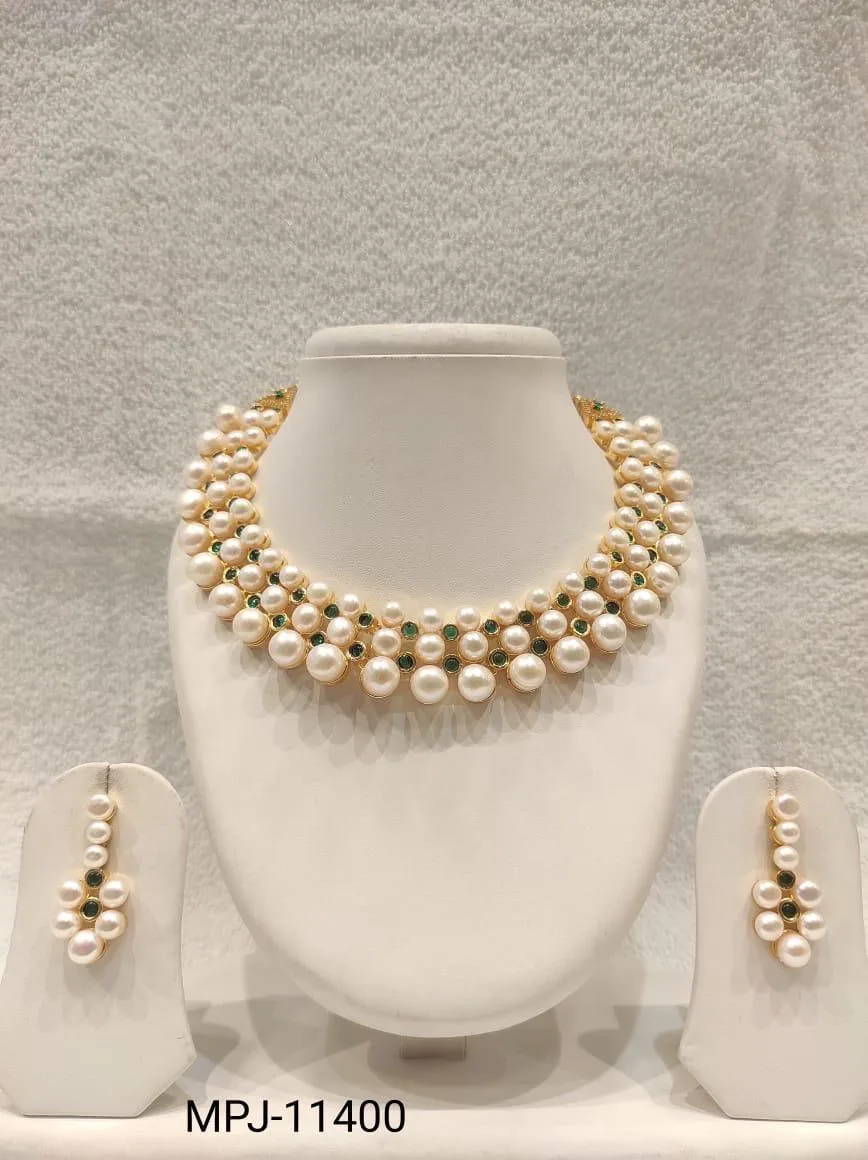 White & Green — Freshwater Pearl and green stone necklace with earrings — White & Green