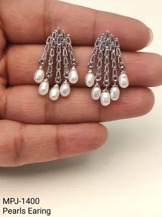 White Pearl Silver Chain Chandelier Earrings