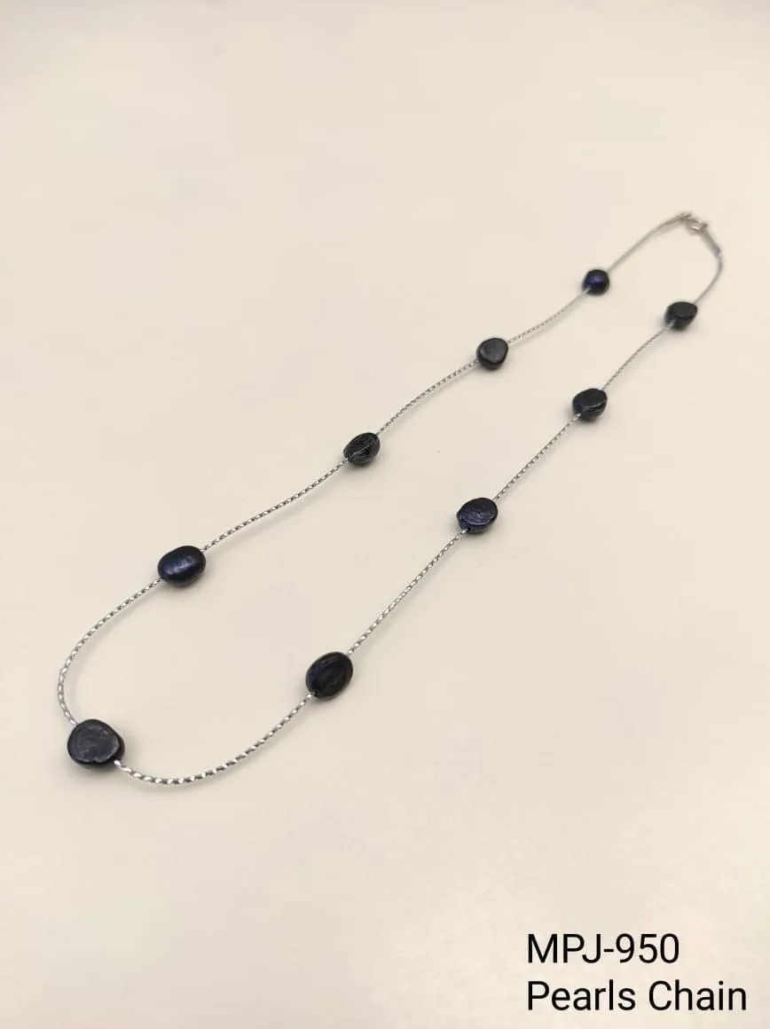 Black Pearl Station Chain Necklace — Black & Silver