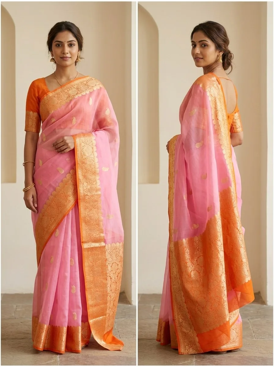 Benarasi Kora Organza  Contrast Pallu & Blouse Piece Pink — Pink