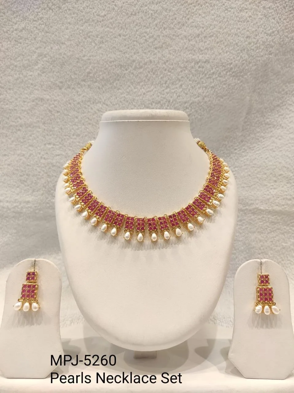 Pink Rectangular Pearl Fringe Necklace Set — Pink & White & Gold