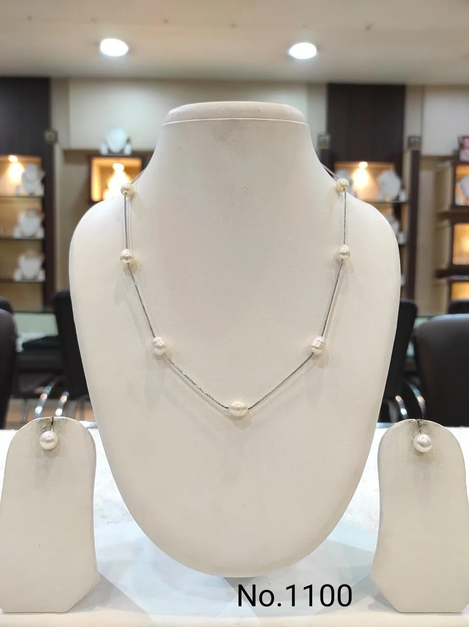 Silver & White — Freshwater Pearl bead necklace set — Silver & White