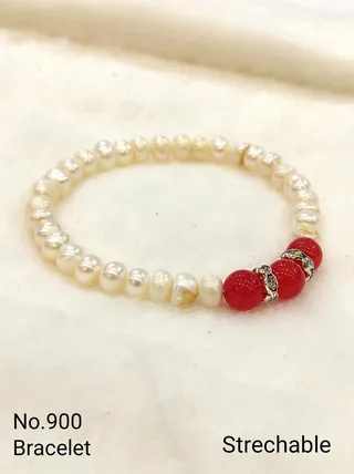 White & Red & Silver — Freshwater Pearl and Red Bead Bracelet