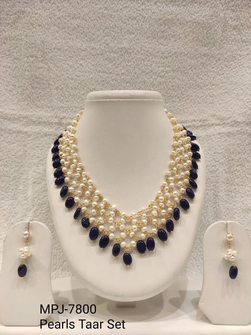 Navy Drop Pearl Fringe Necklace Set — White & Navy Blue & Gold