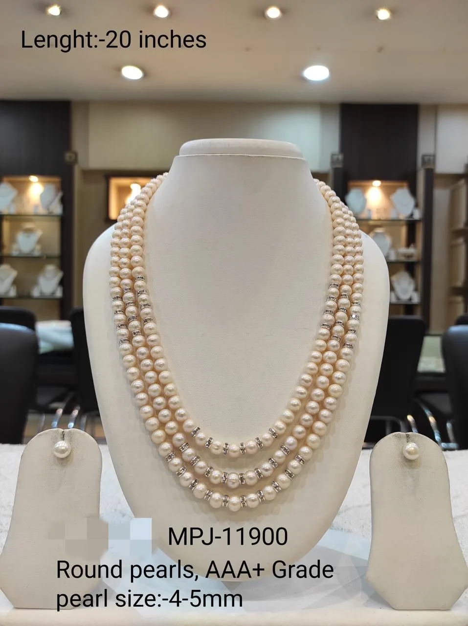 Three-Strand Pearl Necklace with Earrings — White