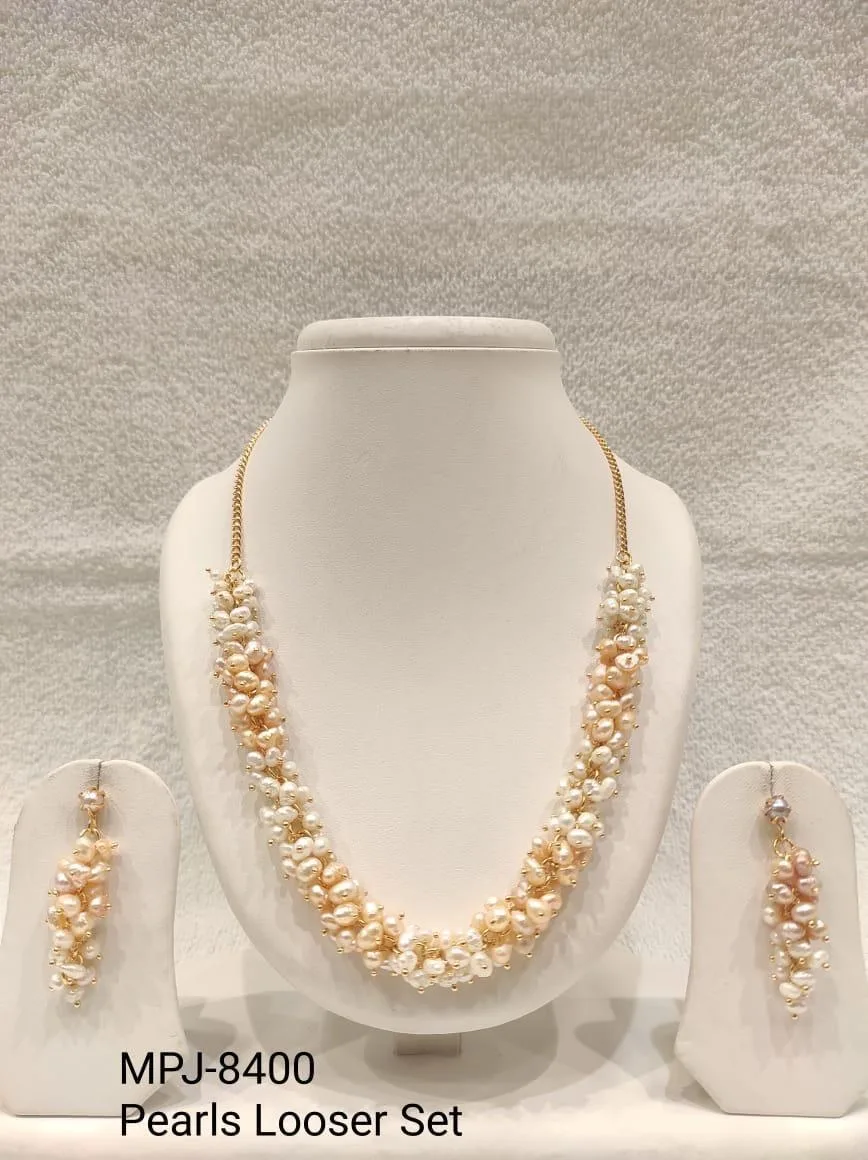 Peach and White Pearl Cluster Necklace Set — White & Peach & Gold